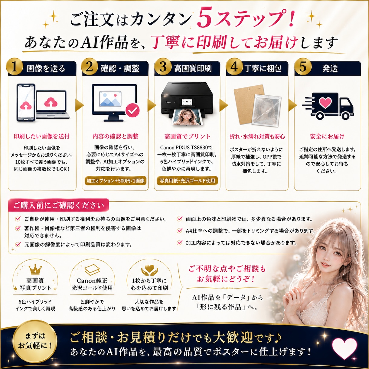 AI画像・イラストを高画質A4ポスターに印刷します お気に入りのAI作品10枚を「データ」から「飾れる1枚｣へ。 イメージ6