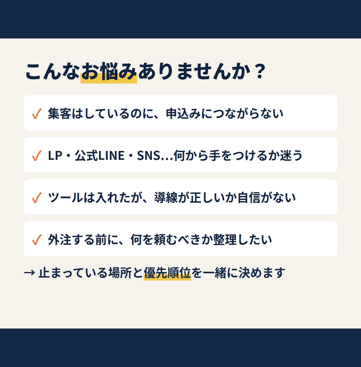 集客〜販売の導線を整理し、次の一手を決めます LP・公式LINE・配信の優先順位を整理します イメージ2