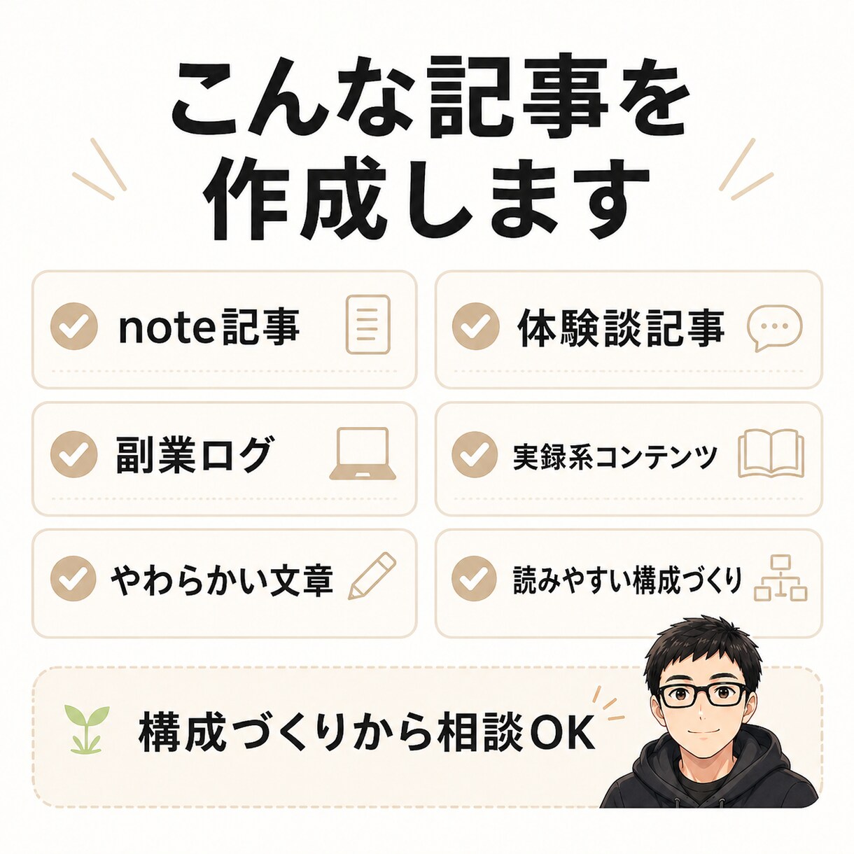 note・ブログの体験談や副業の記事を作成します 書きたい経験、記事に整えます。 イメージ2