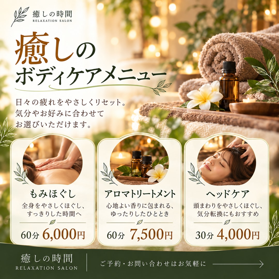 店舗向けSNS投稿画像を5枚制作しますます リラクゼーション・美容・飲食店向けの画像を丁寧に制作 イメージ3