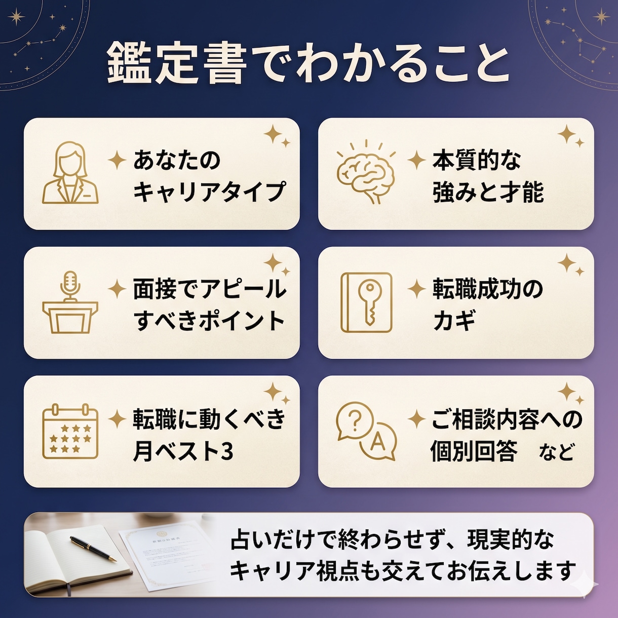 適職・仕事運・転職タイミング等を鑑定します 現役人事×国家資格キャリコンが経験と星から鑑定書を作成します イメージ9