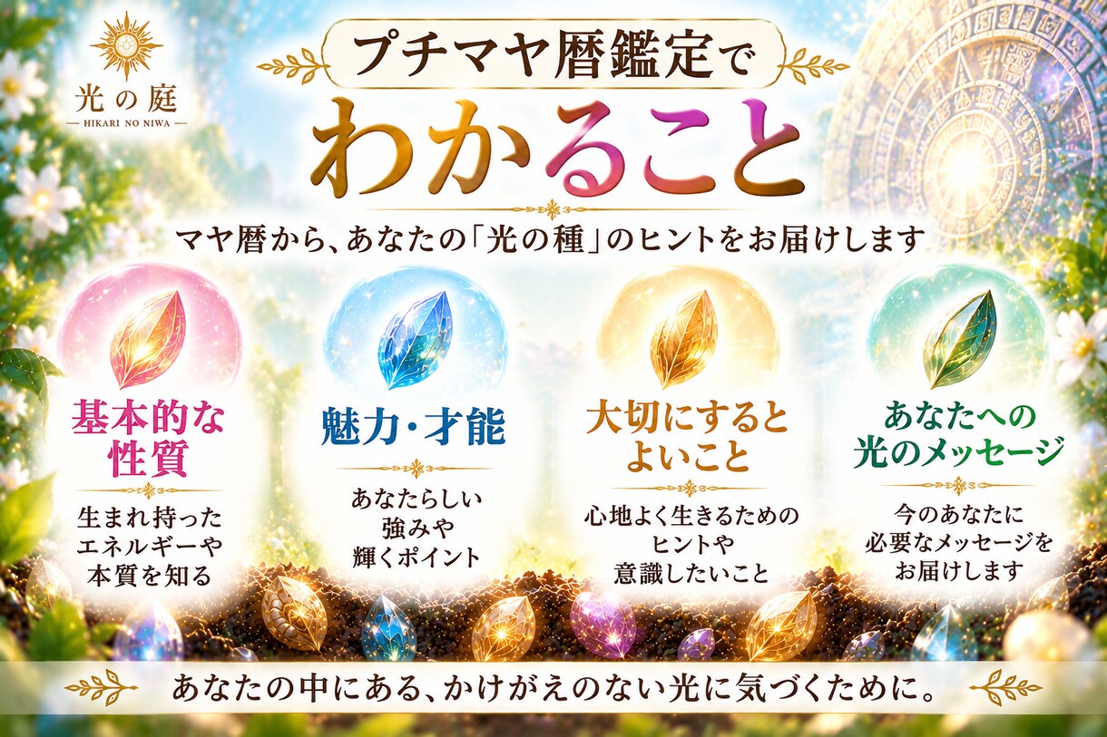 生年月日からあなたの「光の種」を見つけます マヤ歴で生まれ持った本質・魅力をやさしく読み解きます。 イメージ3