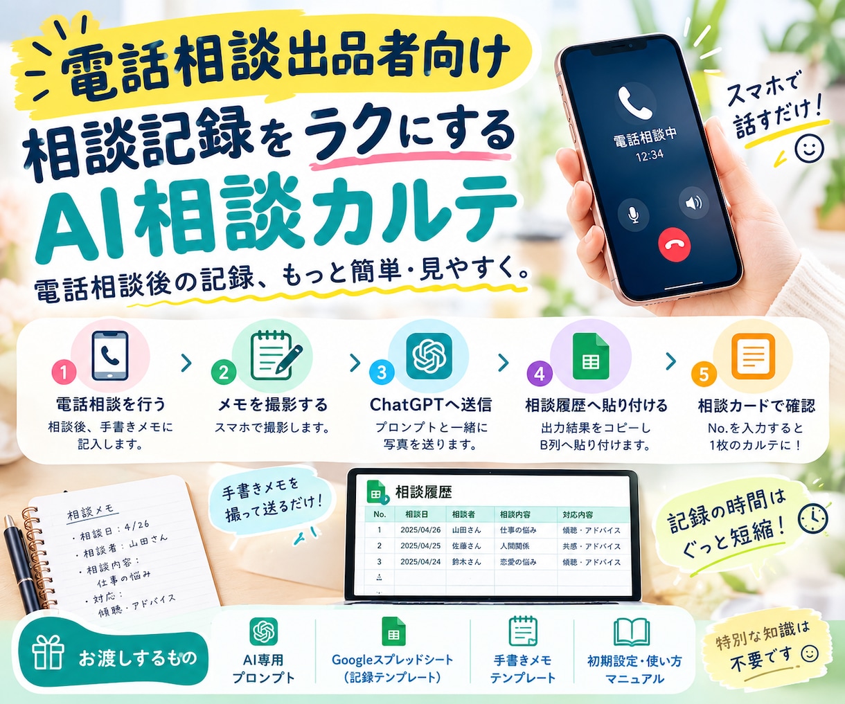 電話相談出品者向け｜AI相談カルテをご提供します 電話相談後の記録を、もっと簡単・見やすく。 イメージ1
