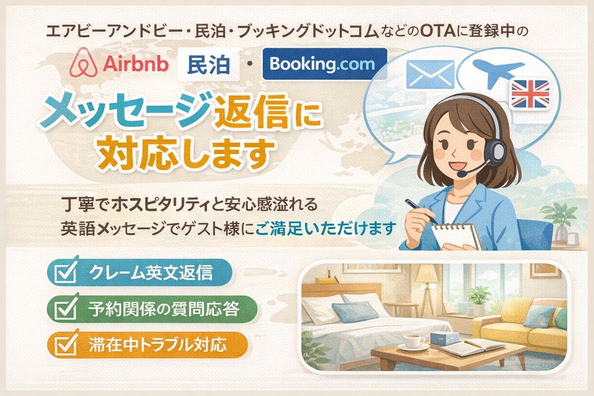 民泊オーナー様向け英語メッセージ返信代行します 外国人ゲスト対応に迷ったときのスポットサポートサービスです イメージ1
