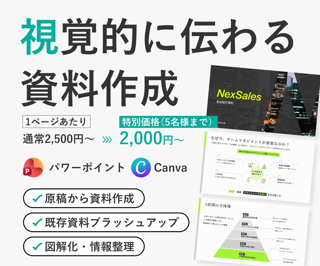 パワーポイント等で視覚的に伝わる資料を作成します デザイナーが情報整理×図解で、洗練された資料へ イメージ1