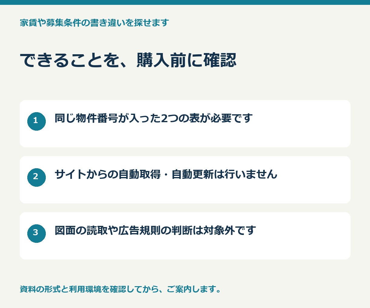 家賃や募集条件の書き違いを探せます 古い家賃が残っていない？管理表と掲載用の表を比較 イメージ3