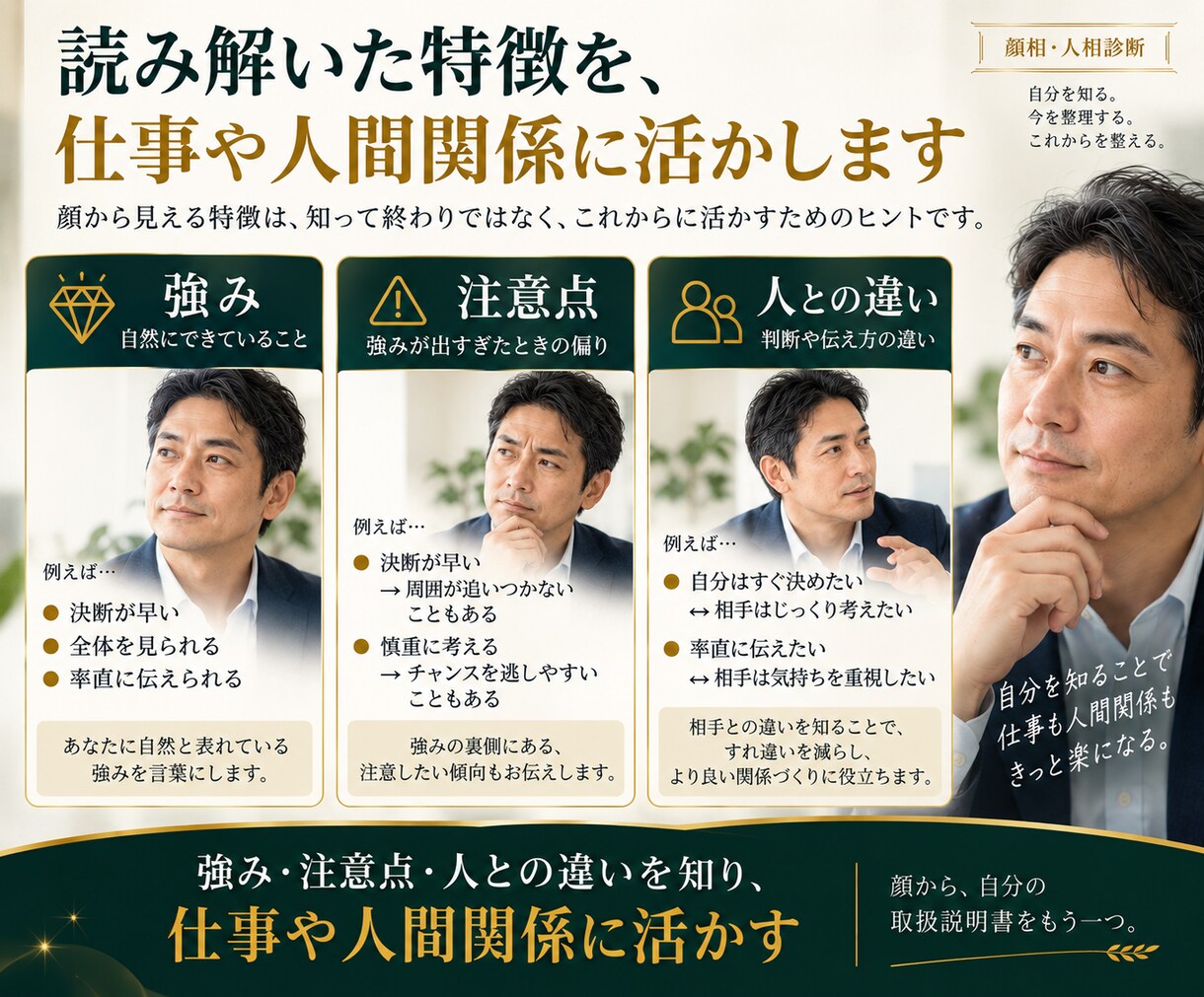 人相で仕事に活かせる強みと傾向を読み解きます 判断・伝え方・仕事のクセを知り、自己理解を深めます イメージ3