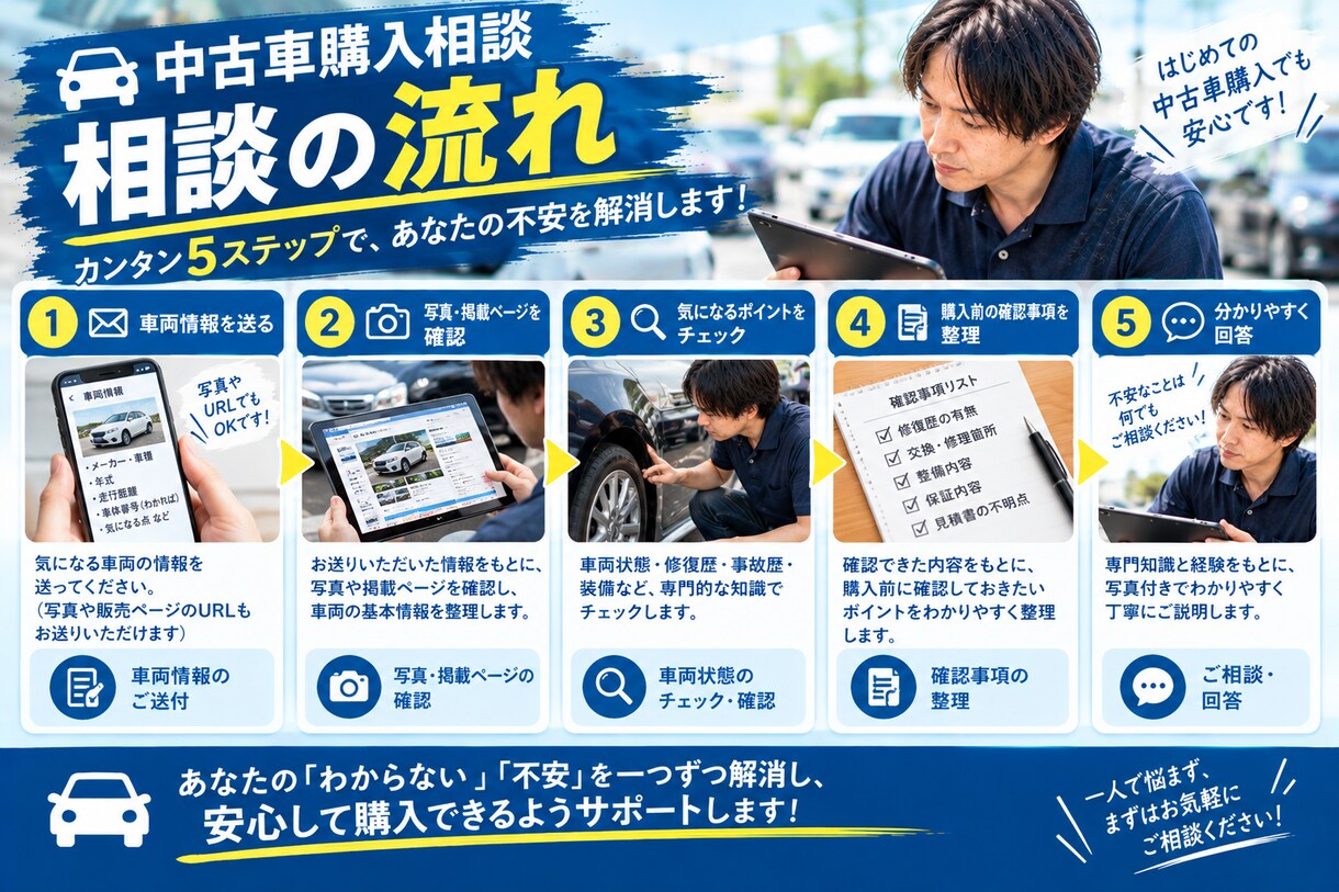 中古車購入前に車両状態や修復歴をチェックします 中古車の写真や車両情報を確認し、気になる点をチェックします！ イメージ3