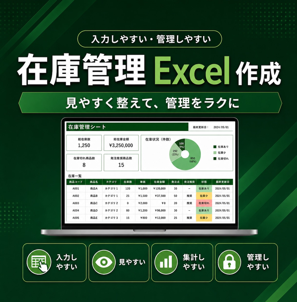 プロが在庫管理の手間を減らすExcelを作成します 入荷・出荷・棚卸が自動反映し作業ミスと手間を削減 イメージ1