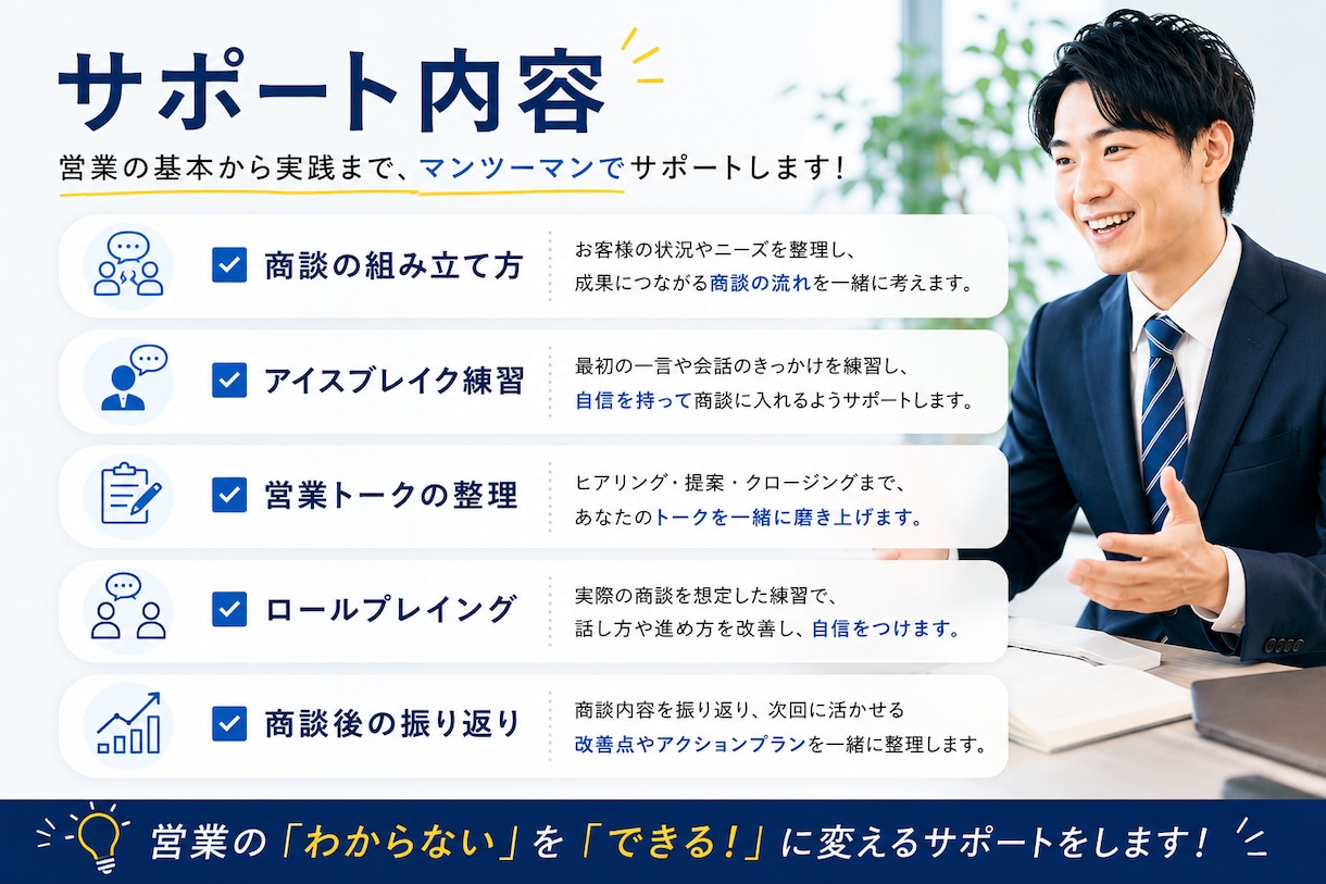 新卒営業を全力でサポートします 商談・ロープレ・営業相談まで対応 イメージ3