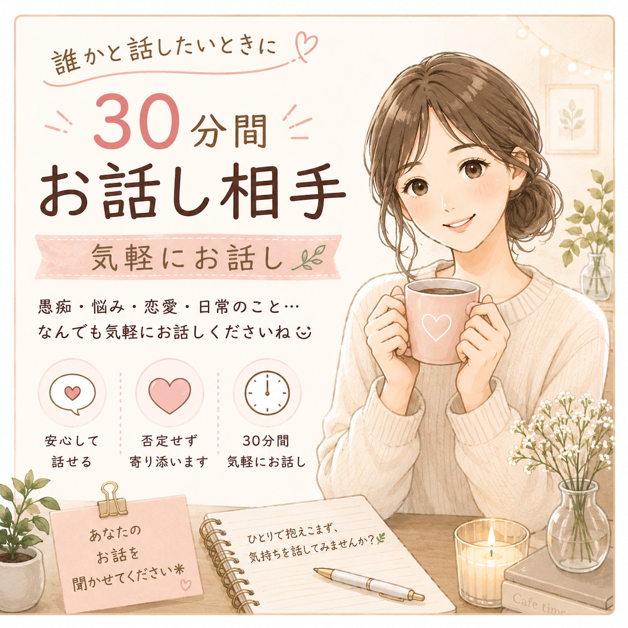 30分だけ誰かと話しませんか｜お話し相手になります 今日あったこと、悩みごと、くだらない話まで何でも聞きます イメージ1