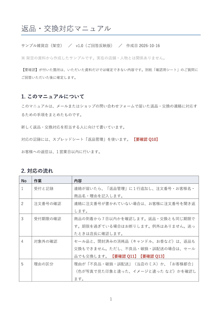 メモや資料から業務マニュアル・手順書を作ります 資料にないことは書かず、不明点は質問リストでお返しします イメージ2