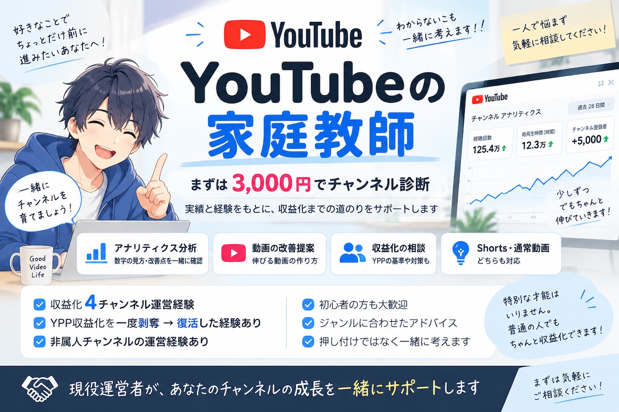 チャンネル診断！YouTubeの家庭教師します 収益化を目指す方、現役運営者が一緒に改善ポイント整理します イメージ1