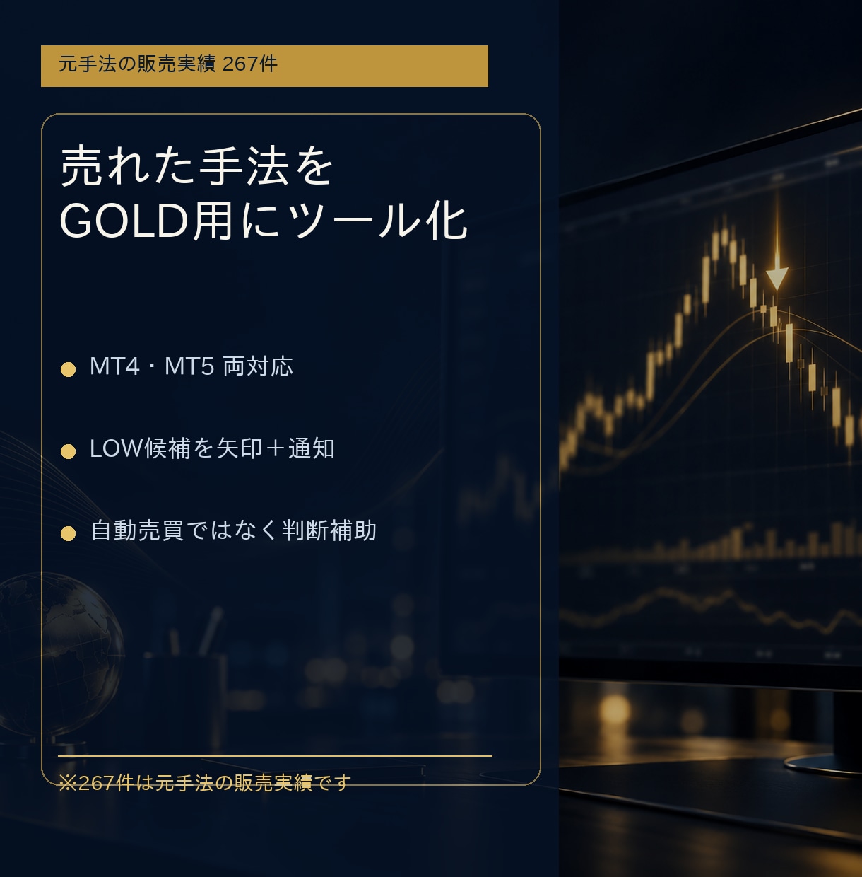 267件販売の手法をGOLD用ツール化します 元手法267件販売。MT4・MT5でLOW候補を通知 イメージ1
