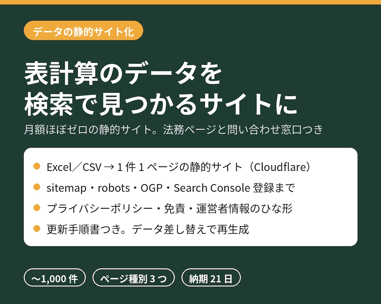 表計算のデータを検索で見つかるサイトにします 月額ほぼゼロの静的サイト。法務ページと問い合わせ窓口つき イメージ1