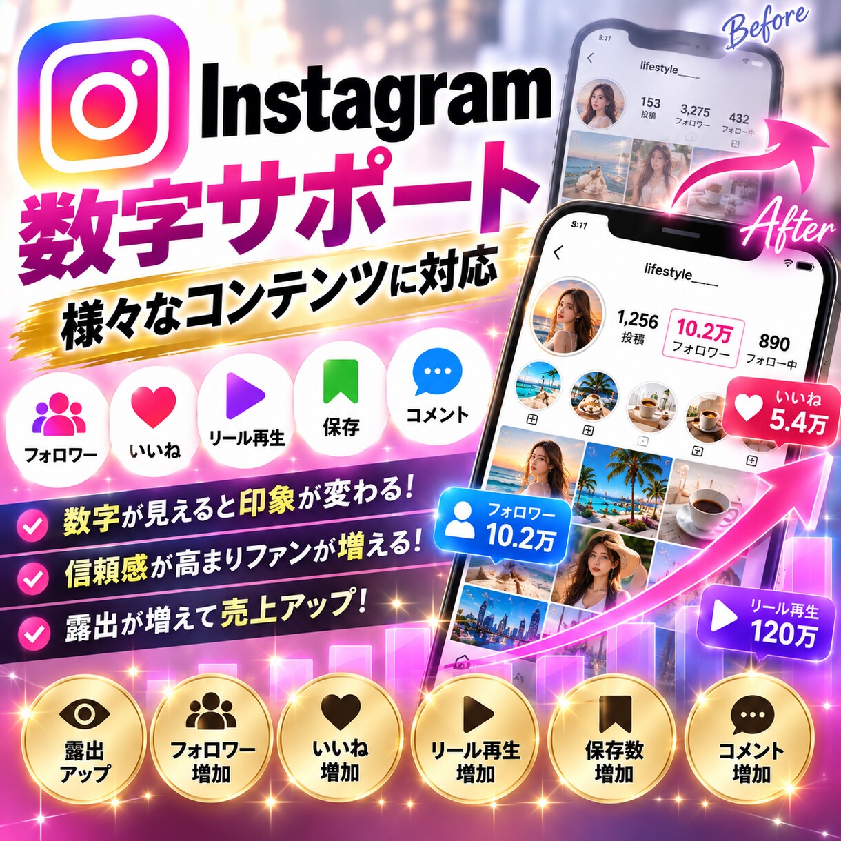 インスタグラムの数字と見栄え、丸ごと強化します フォロワー、いいね、再生数、コメント、保存、改善まで丸投げ イメージ3