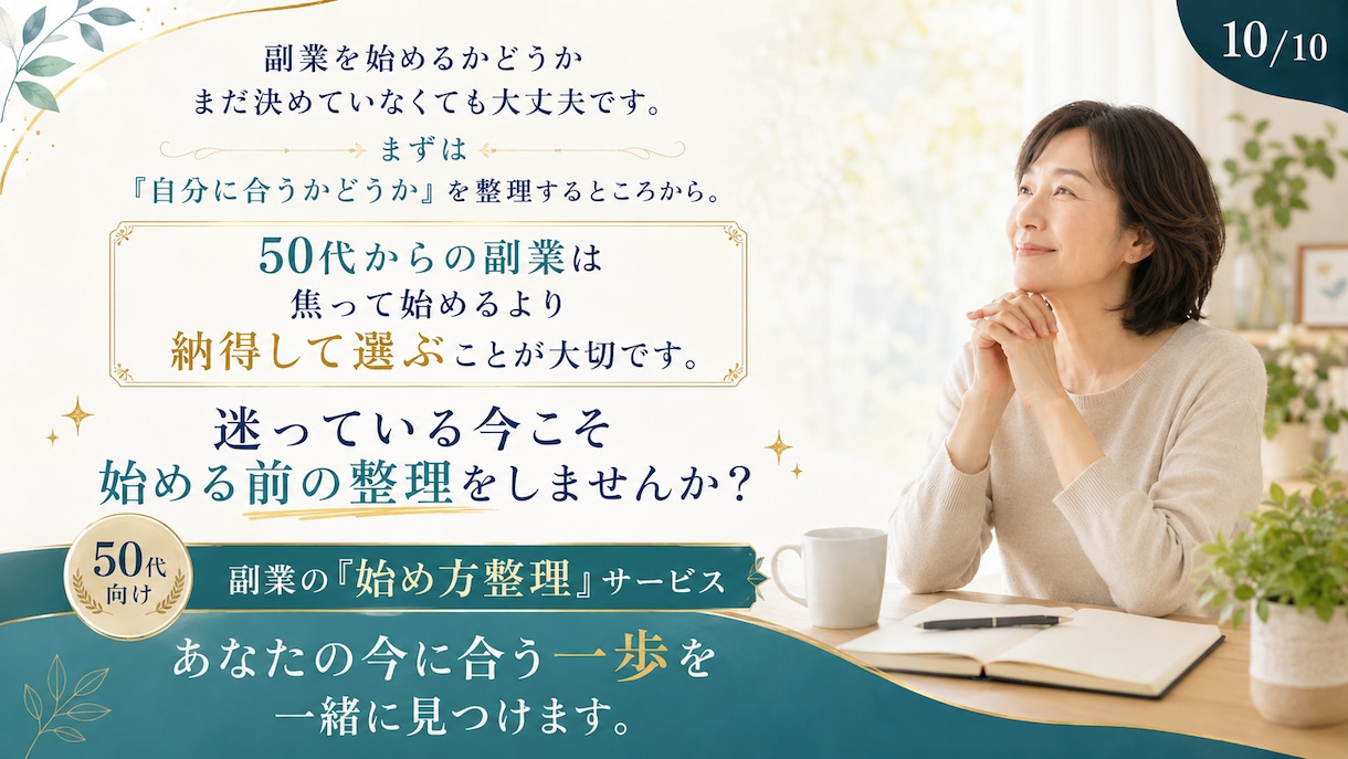 情報疲れの頭を整理し、あなただけの判断軸を作ります 副業が気になる50代へ。やる・やらない・保留を整理します。 イメージ10