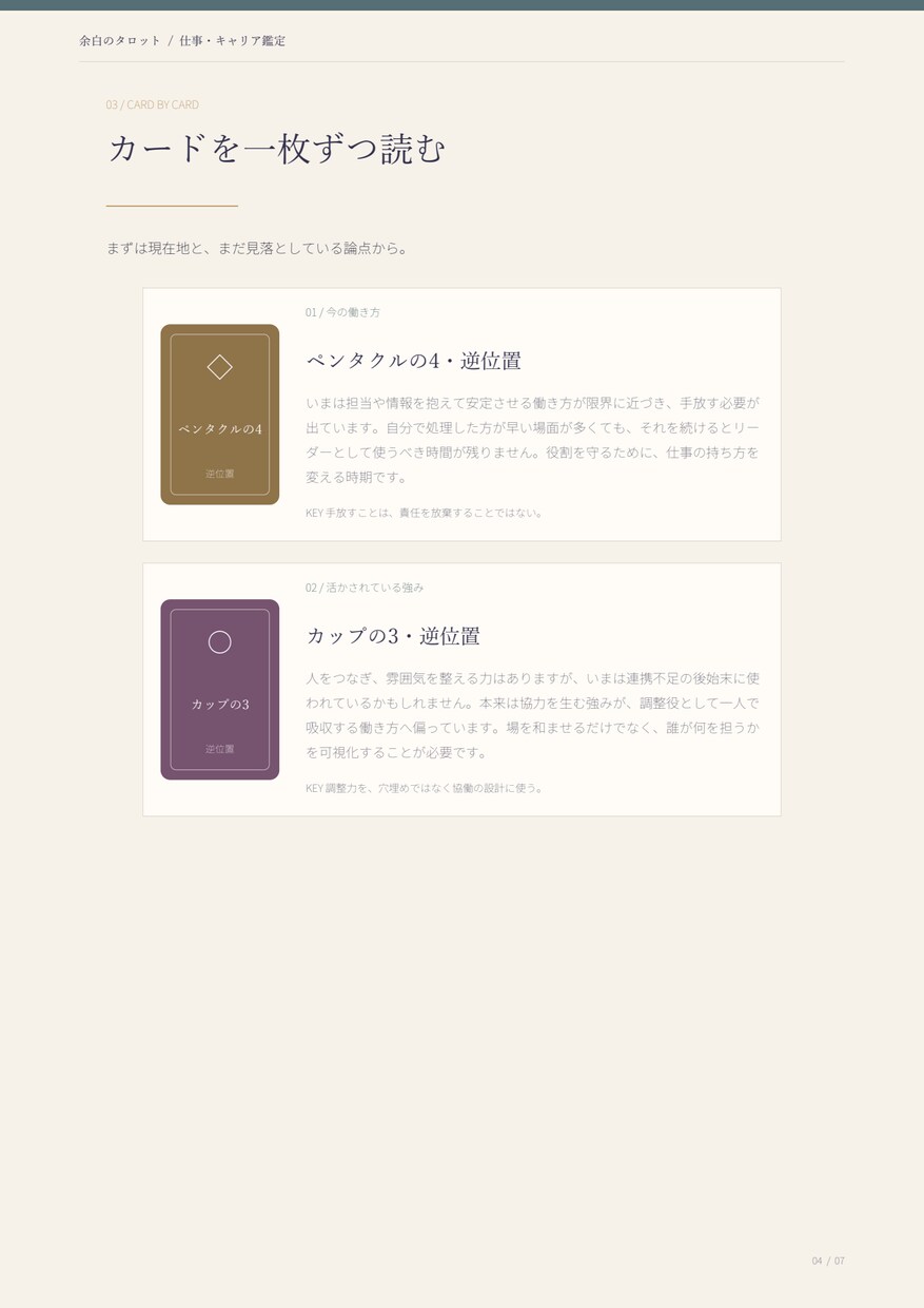 仕事とキャリアの現在地を5枚のタロットで読みます 強み・負荷・変化から、続けられる働き方を深堀り イメージ7