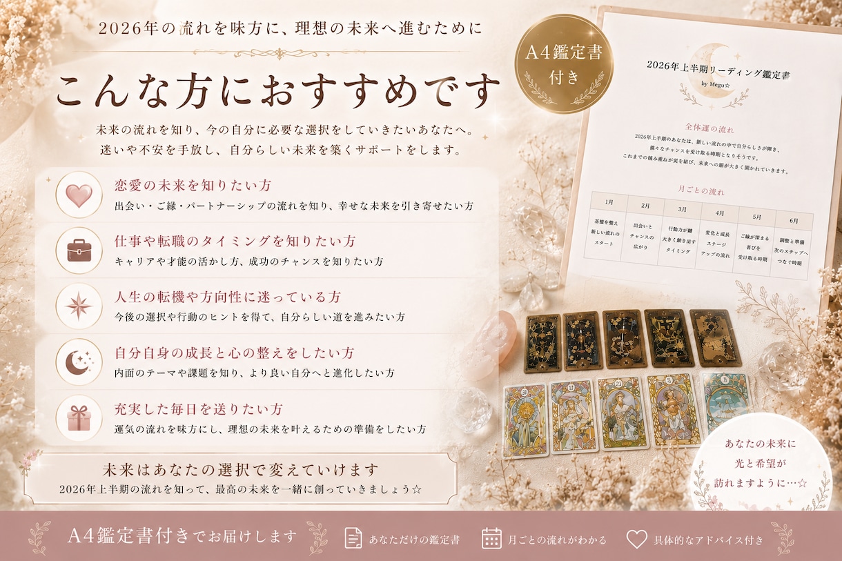 2026年下半期の運勢と今後の流れをお伝えします 全体運、月毎のキーワードに加え、特に気になるテーマ一つ見ます イメージ3