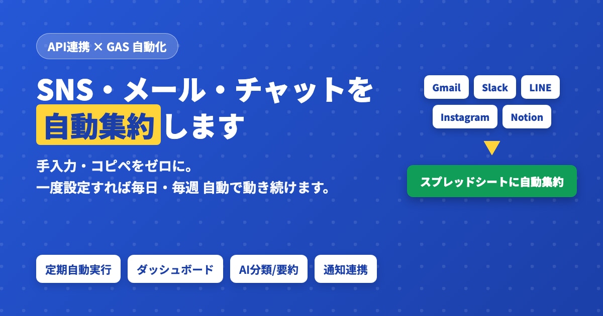 SNSメールチャットスプレッドシート自動集約します API連携で手作業ゼロ一度設定すれば毎日自動で集約し続けます イメージ1