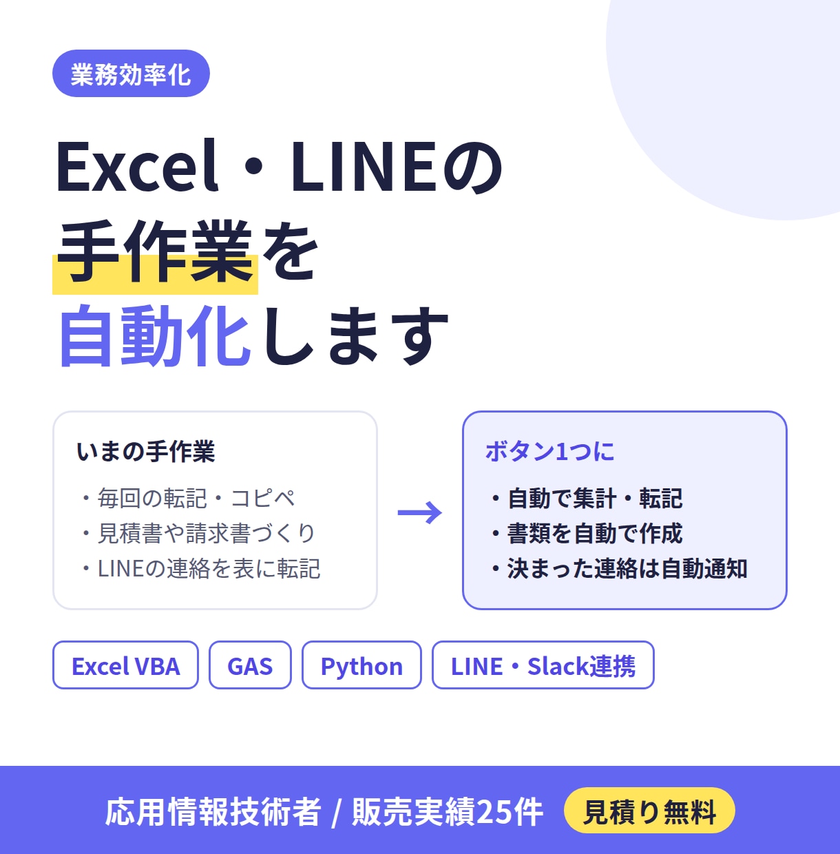 Excel・スプレッドシートの手作業を自動化します VBA・GAS・Python・LINE連携まで。見積り無料 イメージ1