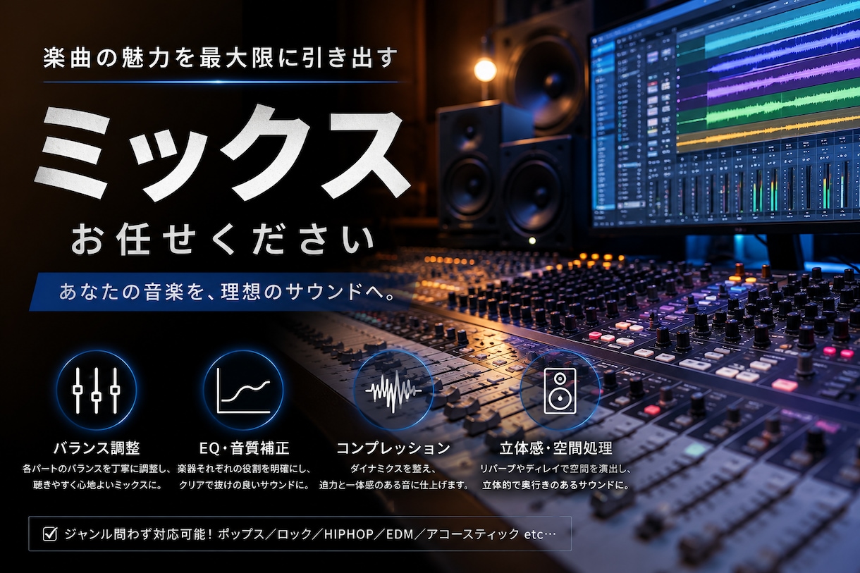 ミックスおこないます 手軽に、あなたの音源をもっとカッコよく。 イメージ1