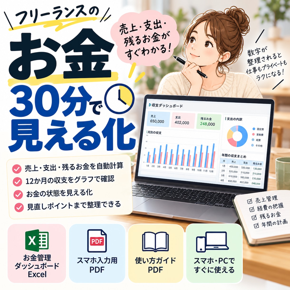 フリーランスのお金を見える化します 売上・支出・残るお金を12か月管理できます イメージ1