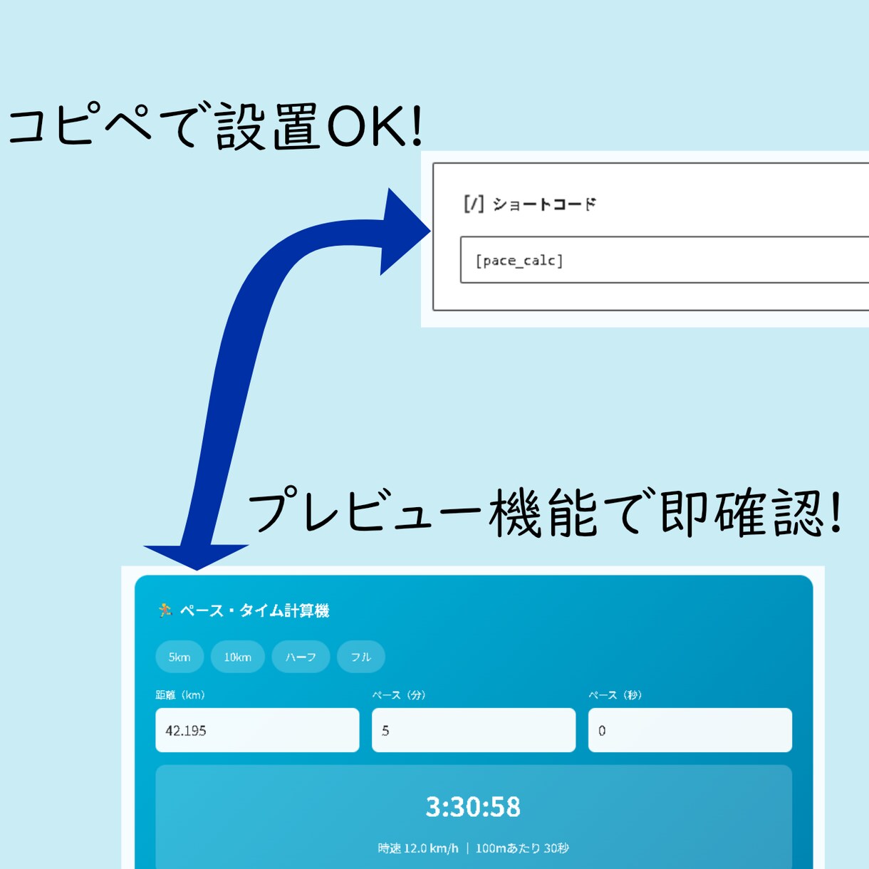WP_パーツ：マラソン目標タイムを自動計算します ランニング記事の質向上。ペースと距離からタイムを即座に算出 イメージ1