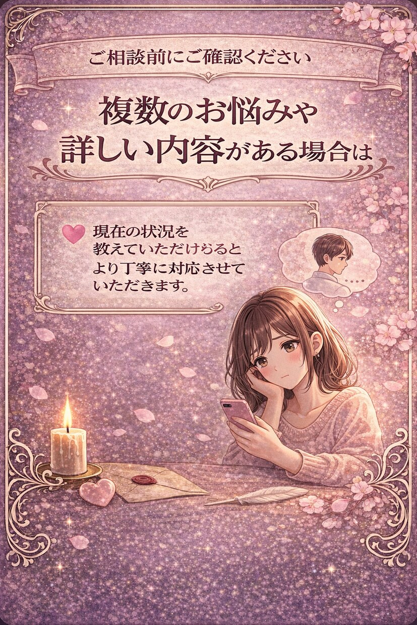 この恋の未来と彼の気持ちをていねいに占います この恋は進展するのか。 彼の本音や流れを丁寧に読み解きます。 イメージ2