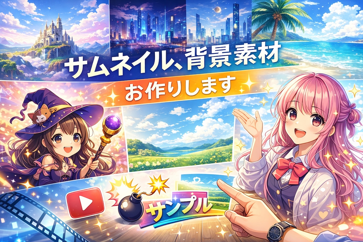 サムネイル、背景素材、お作りします 配信などでご入用な物がありましたらご相談ください。 イメージ1
