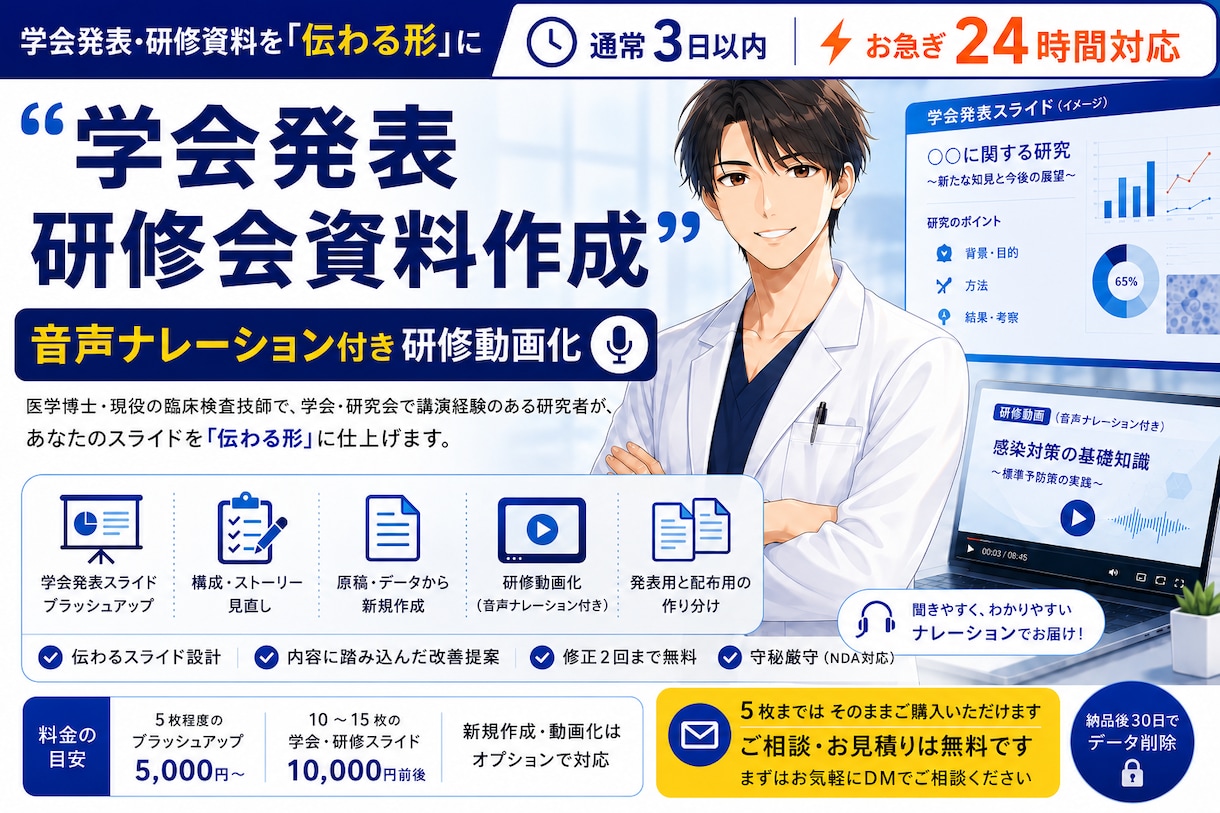 研究者が学会発表・研修スライドを仕上げます 通常3日・お急ぎ24時間対応／院内研修・教育資料も可 イメージ1
