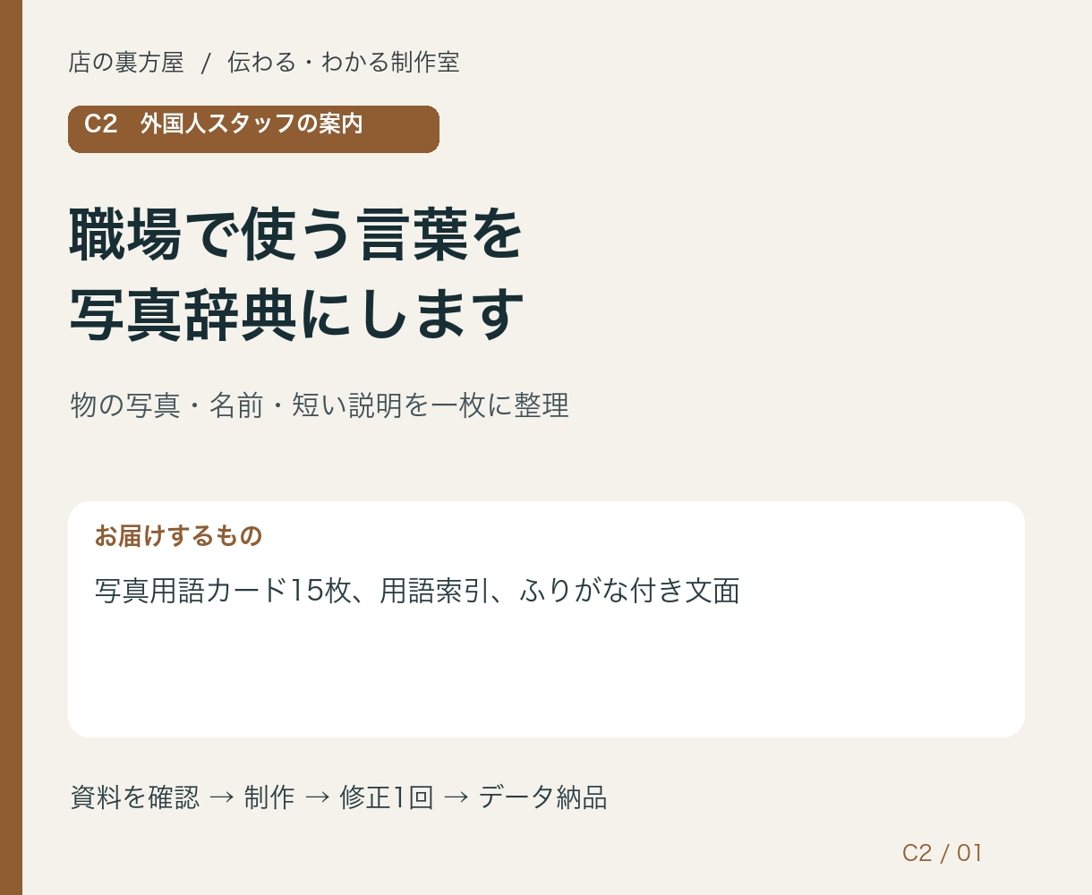 職場で使う言葉を写真辞典にします 物の写真・名前・短い説明を一枚に整理 イメージ1