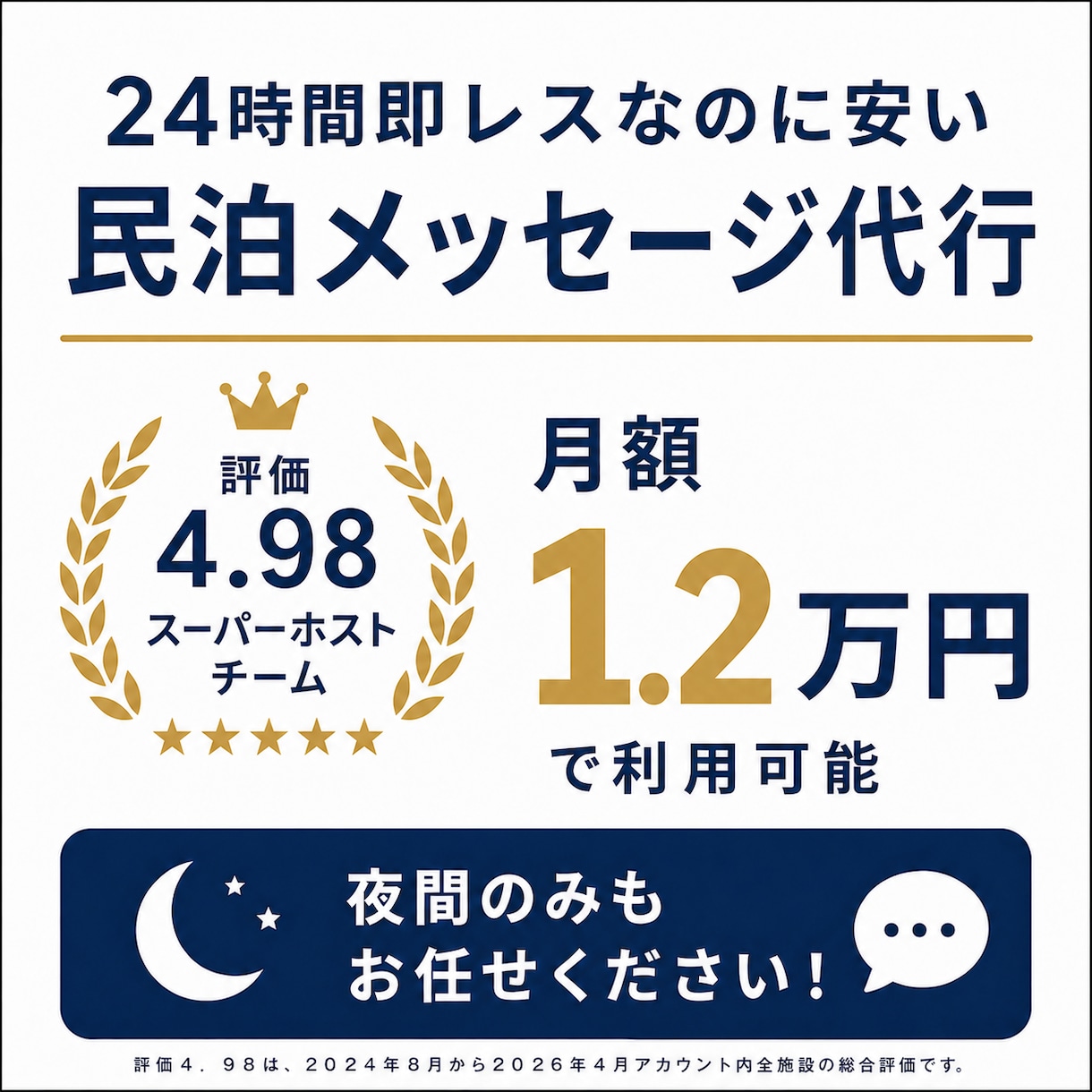 月1.2万円スーパーホスト民泊メッセージ代行します 月1.2万円と格安！２４時間対応、評価４・９７、即レス徹底。 イメージ1