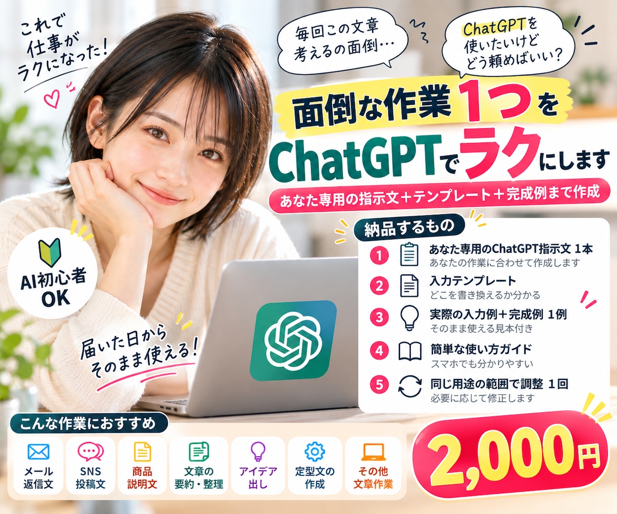面倒な作業1つをChatGPTでラクにします あなた専用の指示文＋入力テンプレ＋完成例まで作ります イメージ1