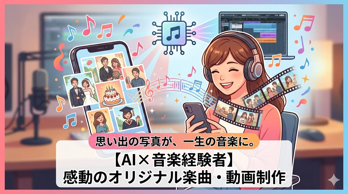 結婚式プロポーズ両親贈呈のオリジナル曲動画作ります AI×音楽経験者が思い出の写真を一生の音楽に イメージ1