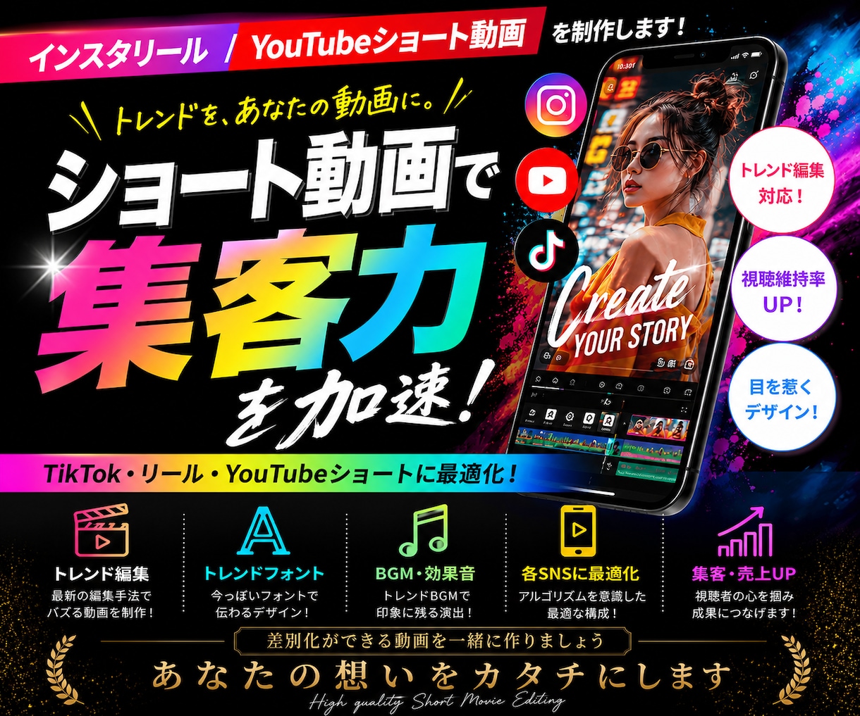 インスタリール/YouTubeショート動画作ります 編集のトレンドやフォントも取り入れたTikTokなども作成！ イメージ1