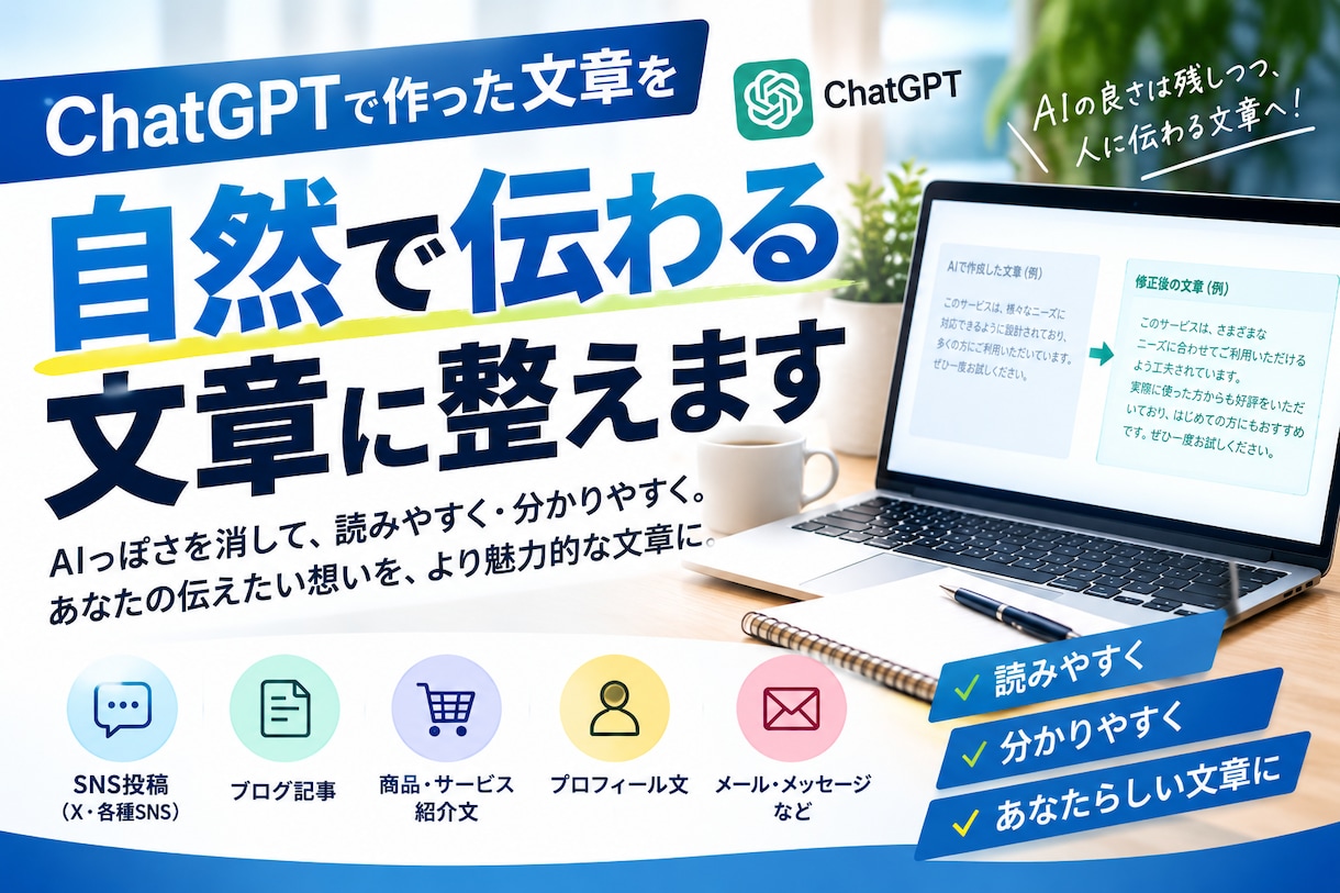 ChatGPT文章改善します ChatGPTで作った文章を「自然な文章」に整えます イメージ1