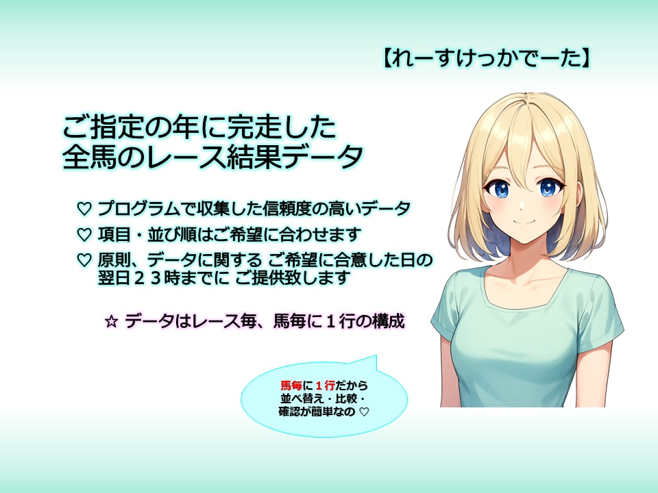 競馬☆ レース結果データ １年分を提供します データを活用して、予想の的中率と回収率をアップしましょう！ イメージ2