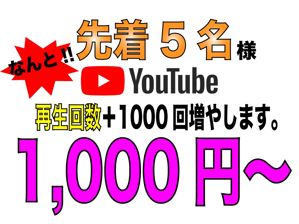 YOUTUBE再生回数を+1000まで再生させます 限定5名様に限り超格安提供。この機会をお見逃しなく。 イメージ1