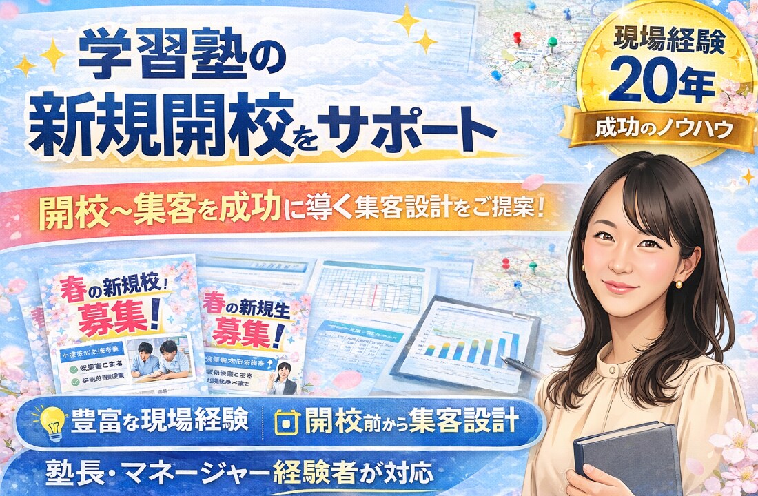 学習塾の新規開校を集客設計からサポートしますます 開校前〜集客まで一貫して設計・サポートします イメージ1