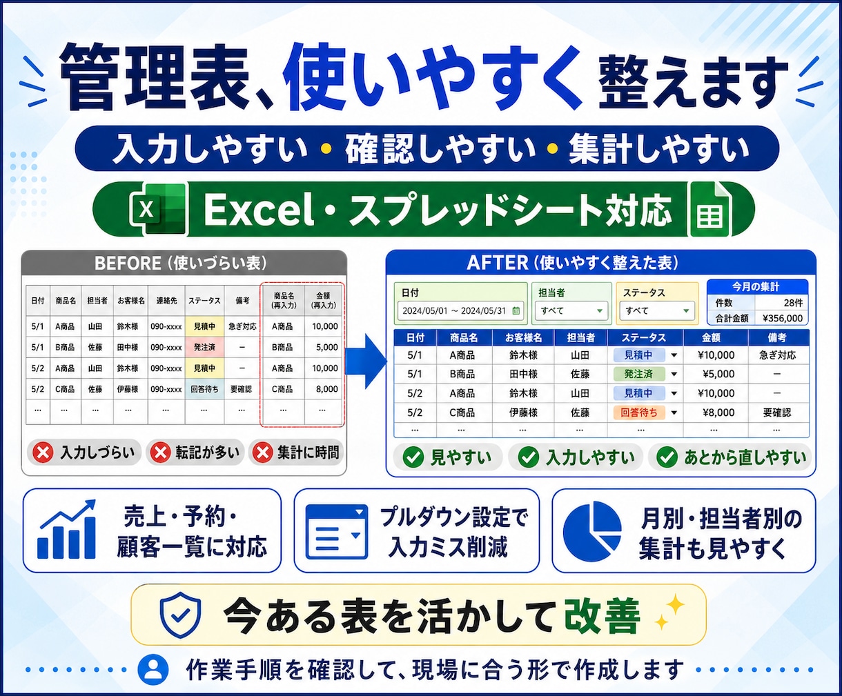 Excel管理表を使いやすく整えます 入力・確認・集計しやすい表にします イメージ1