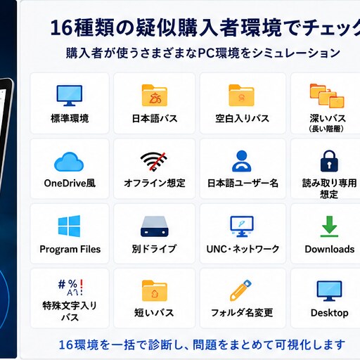 配布前チェック用Windowsツールを販売します ZIP・フォルダを16種類の疑似購入者環境で一括診断します イメージ2