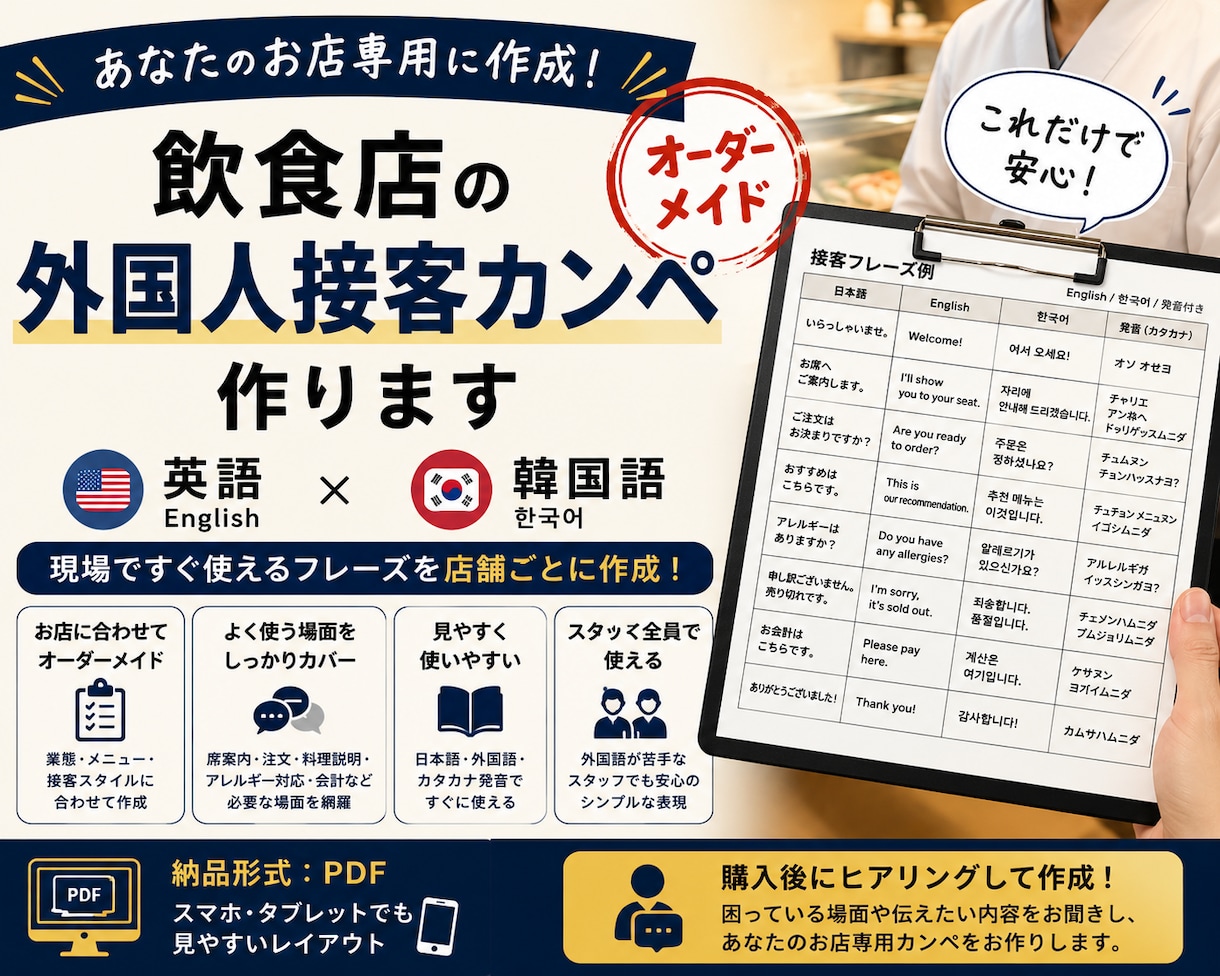 飲食店向け外国人接客カンペを作ります 現場ですぐ使える英語・韓国語を店舗別に作成 イメージ1