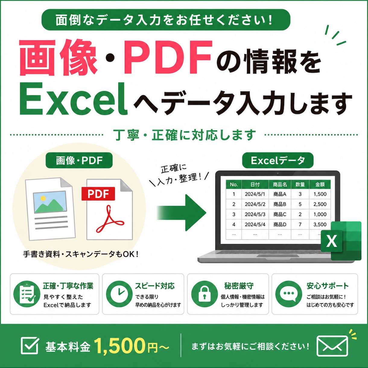 画像・PDFの情報をExcelへ入力します 「手書き資料もOK！丁寧・正確にデータ入力します！ イメージ1