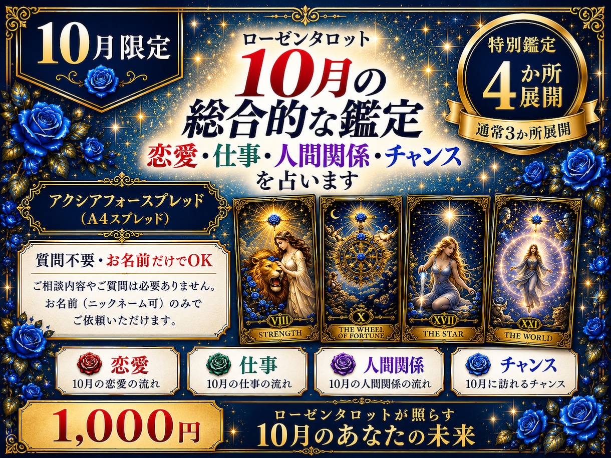 10月限定｜10月の総合的な鑑定を行います 4か所のカード展開・恋愛・仕事・人間関係・チャンスの鑑定 イメージ1