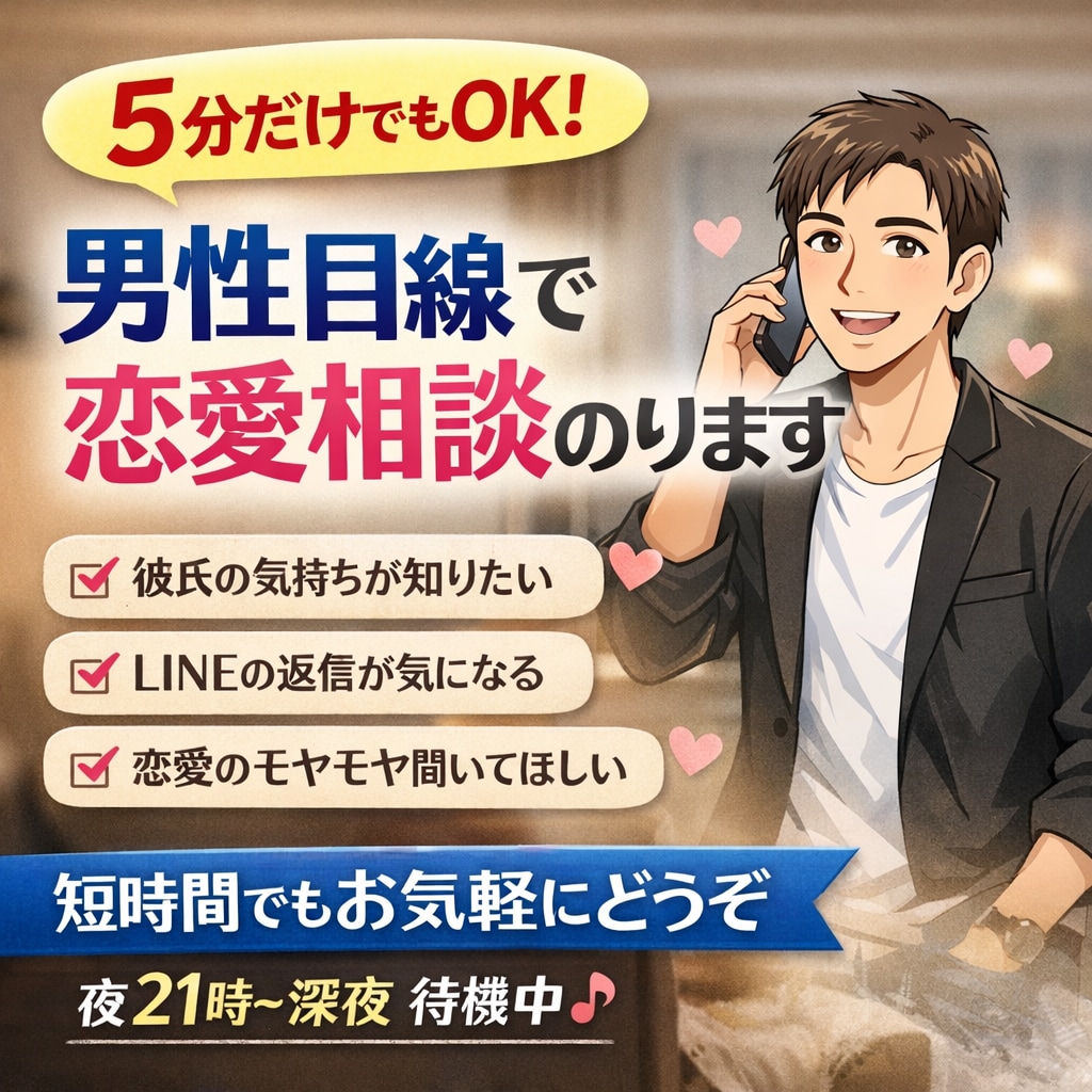 5分だけでもOK｜男性目線で恋愛相談のります 短時間OK｜恋愛の悩み・愚痴なんでも聞きます イメージ1