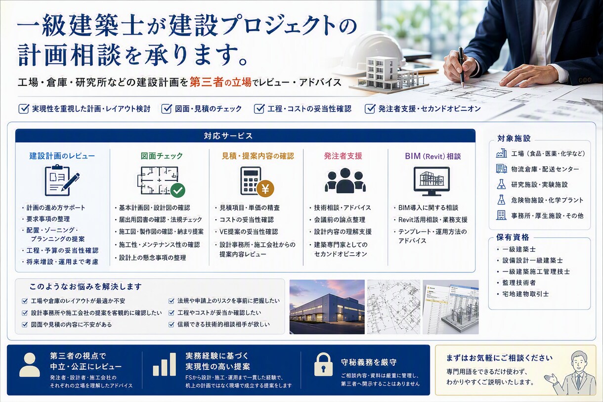 一級建築士が建設プロジェクトの計画相談を承ります 工場・倉庫・研究施設の計画・図面・見積を実務目線でレビュー イメージ1