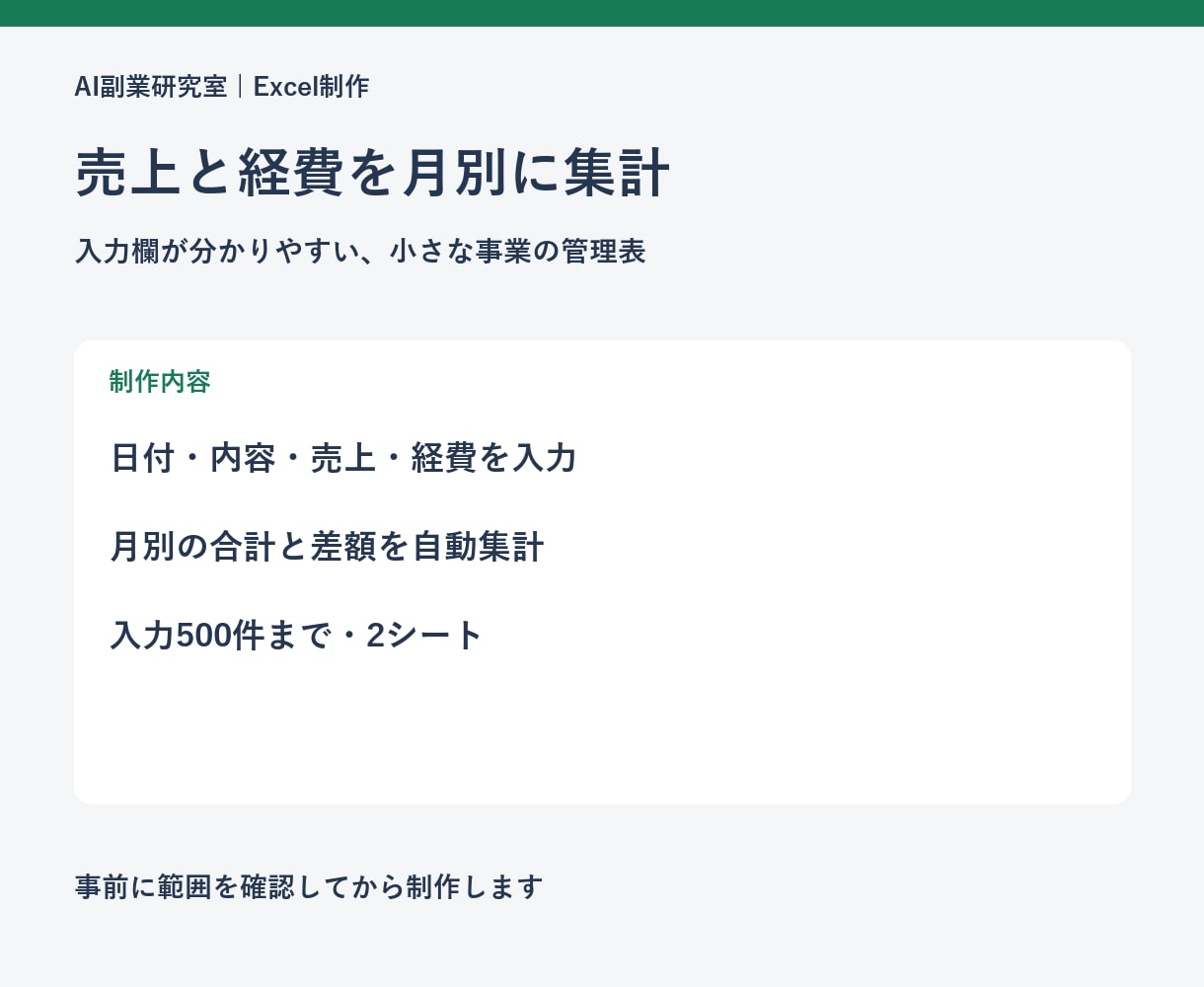 個人事業のExcel売上・経費管理表を作ります 500件まで｜日々の記録から月別の売上と経費を集計 イメージ2