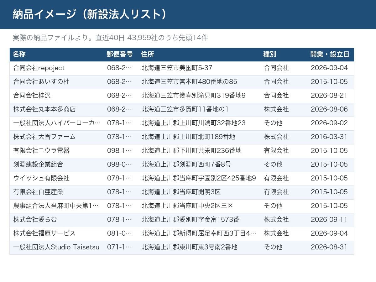 全国の新設法人リストをお届けします 国税庁データ・直近40日の新設法人4.3万社・都道府県別可 イメージ2
