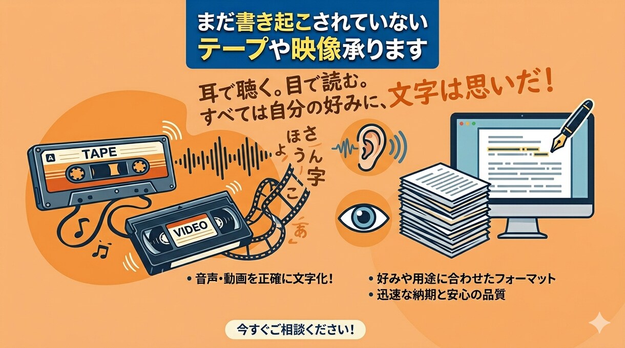 まだ書き起こされていないテープや映像承ります 耳で聴く。目で読む。すべては自分の好みに、文字は思いだ！ イメージ1